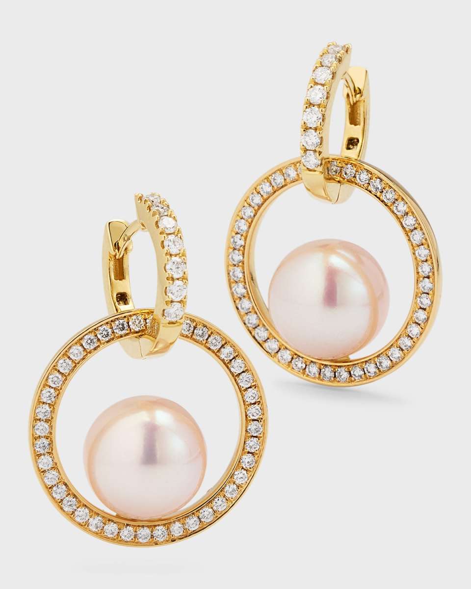 18K Yellow Gold Akoya Pearl and Diamond Double Hoop Earrings, 9mm